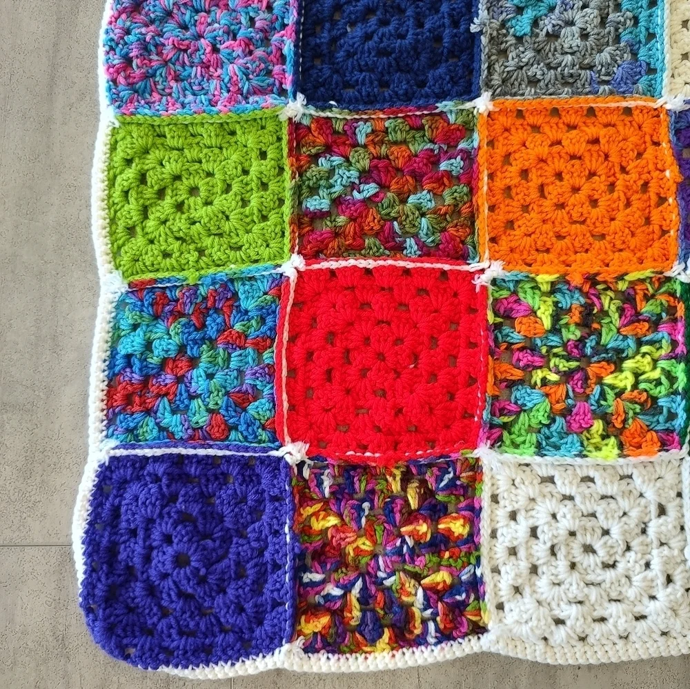 Multicolor Handmade Crochet Granny Square Roseanne Afghan Throw Blanket 39x36